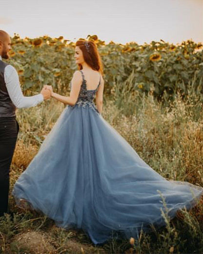 Silver Tulle Wedding Dress V Neck Embroidery