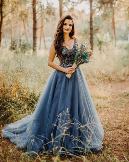 Silver Tulle Wedding Dress V Neck Embroidery
