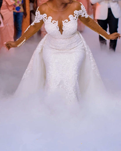 Lace Mermaid Wedding Dress Illusion Neck Long Sleeves