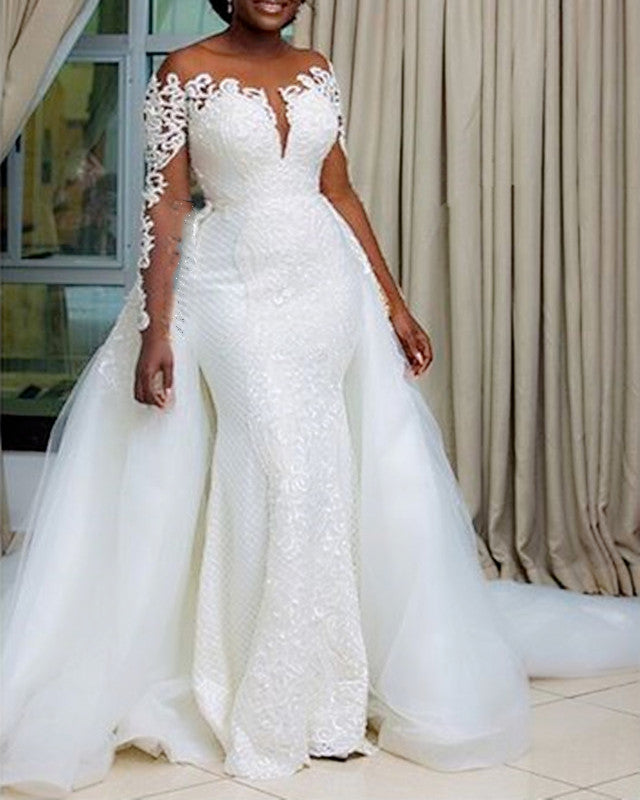 Lace Mermaid Wedding Dress Illusion Neck Long Sleeves