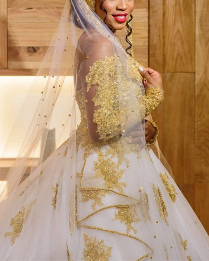 Gold Lace Wedding Dress Ball Gown Long Sleeves