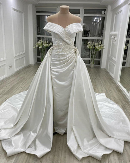 Vintage MermaId Off Shoulder Wedding Dress Satin Embroidery