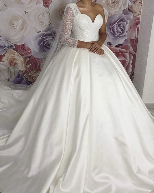 One Shoulder Wedding Dress Ball Gown With Sparkles