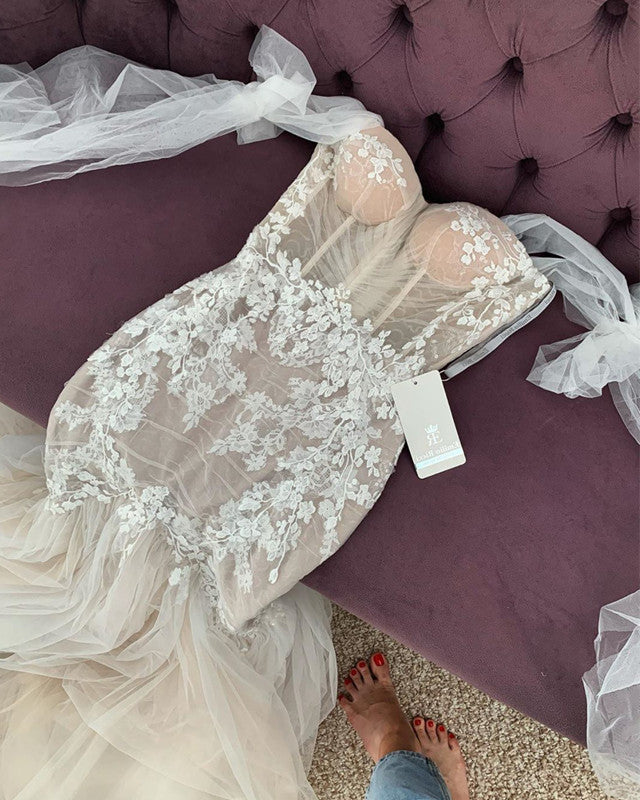 Lace Mermaid Wedding Gowns Sheer Corset Spaghetti Straps