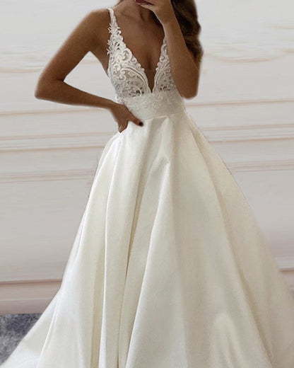 Elegant Satin Wedding Dress Lace V Neck