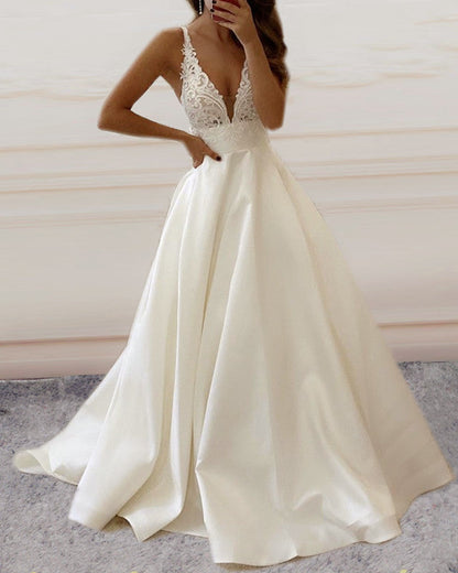 Elegant Satin Wedding Dress Lace V Neck