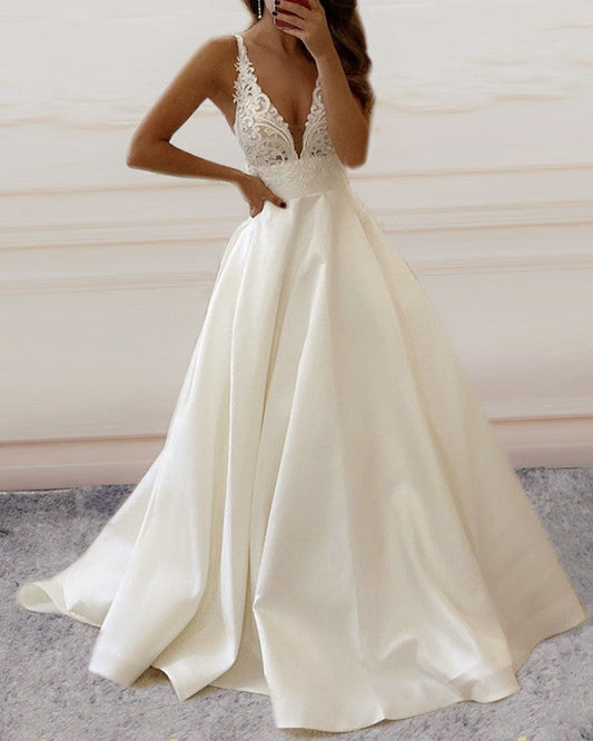 Elegant Satin Wedding Dress Lace V Neck