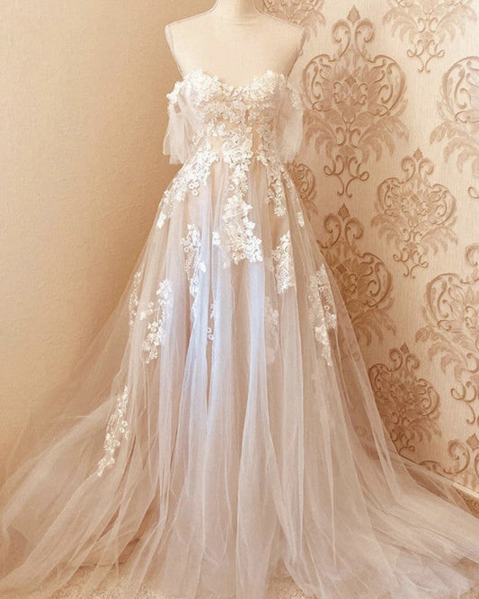 Tulle Boho Wedding Dress Off The Shoulder Lace Appliques