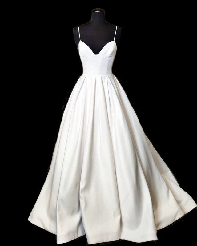 Princess Wedding Dress Satin V Neck Spaghetti Straps