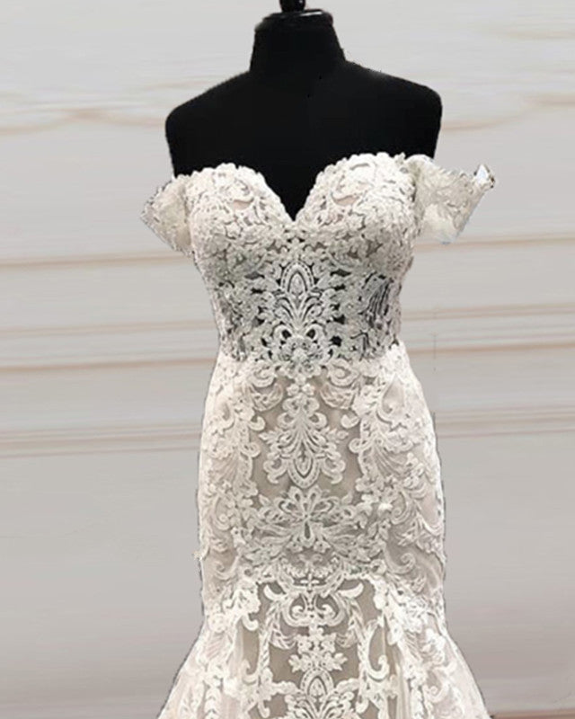 Mermaid Sweetheart Wedding Dress Off The Shoulder Lace Embroidery