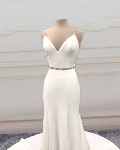 Mermaid V Neck Sweep Train Wedding Dress Bow Sashes