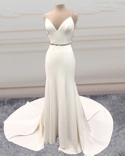 Mermaid V Neck Sweep Train Wedding Dress Bow Sashes