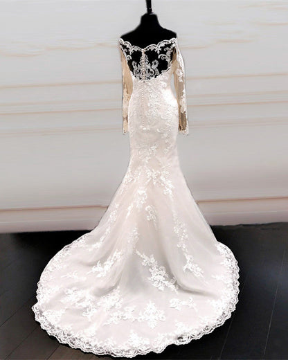 Chantily Lace Mermaid Wedding Dress Off Shoulder Long Sleeves