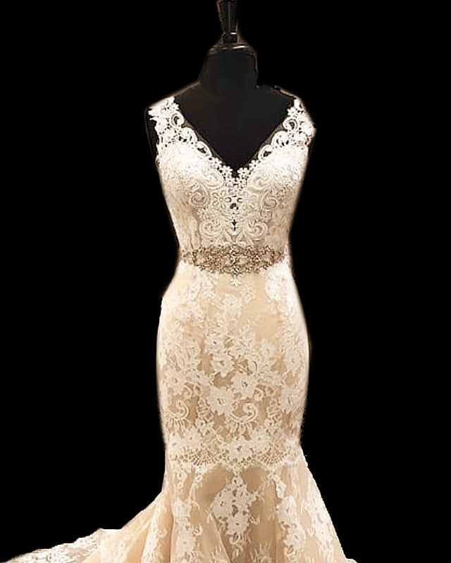 Lace Cap Sleeves Mermaid Wedding Dress V Neck With Sashes
