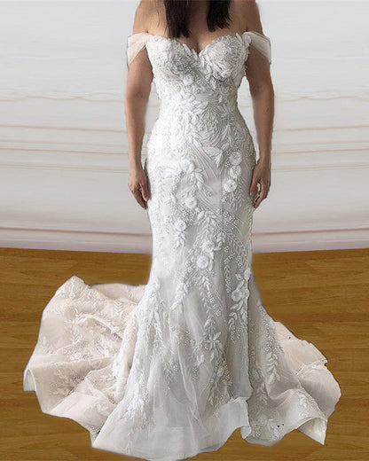 Luxurious Lace Embroidery Beaded Wedding Dress Mermaid