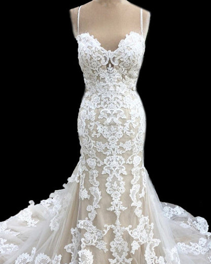 Mermaid Sweetheart Wedding Lace Dress Spaghetti Straps