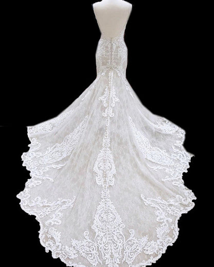 Mermaid V Neck Empire Wedding Dress Lace Open Back