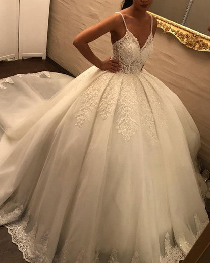 Spaghetti Straps Wedding Dress Lace Ball Gown V Neck