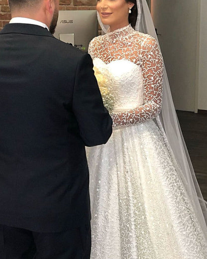 Sheer Lace Long Sleeves Princess Wedding Dress High Neck