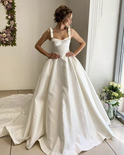 Ball Gown Satin Corset Wedding Dress Sweetheart Bow Straps
