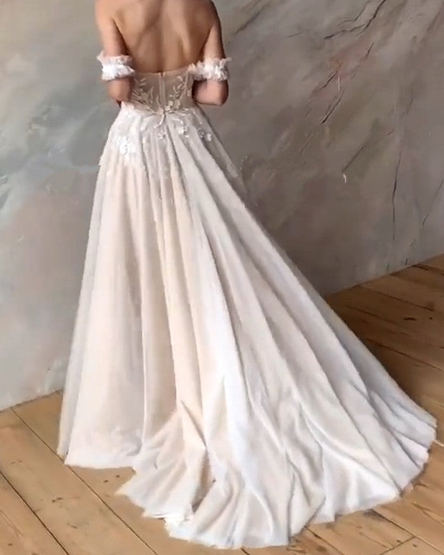 Boho Chic Wedding Dress Tulle Off The Shoulder Embroidery