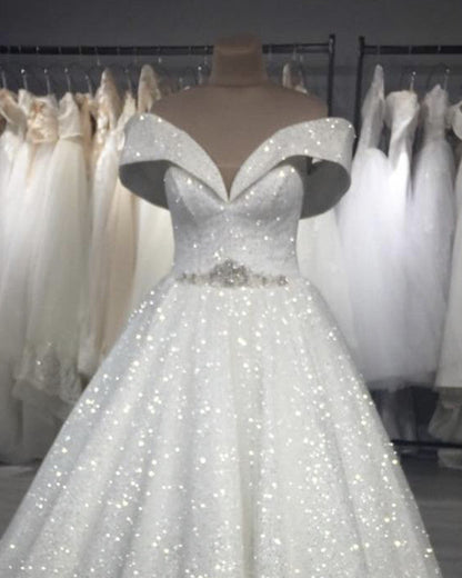 Sequins Wedding Dress Off The Shoulder Crystal Belt
