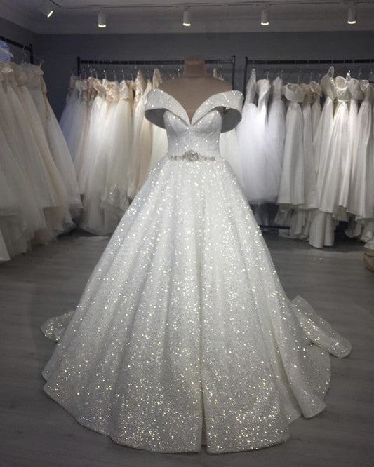 Sequins Wedding Dress Off The Shoulder Crystal Belt