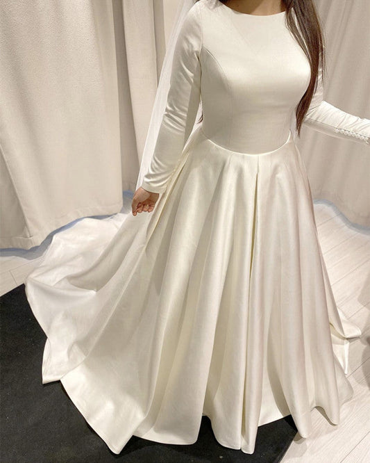 Modest Wedding Dress Satin Ball Gown Long Sleeves