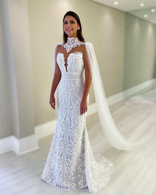 Cape Back Mermaid Wedding Dress Lace Embroidery
