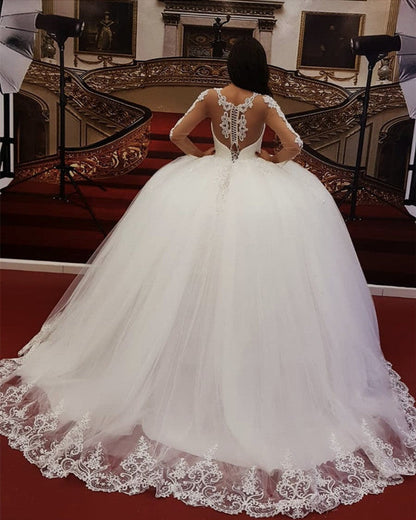 Elegant Lace Long Sleeves Beaded Corset Wedding Dress Ball Gown