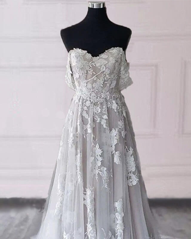 Lace Embroidery Off The Shoulder Boho Tulle Wedding Dress