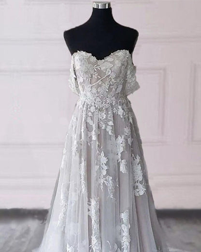 Lace Embroidery Off The Shoulder Boho Tulle Wedding Dress