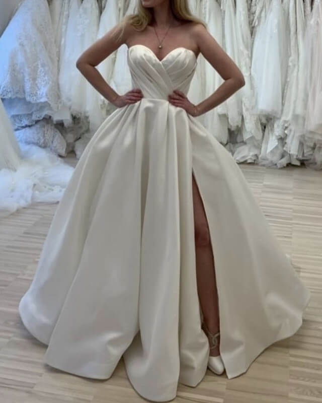 Ruched Sweetheart Wedding Dress Satin Split