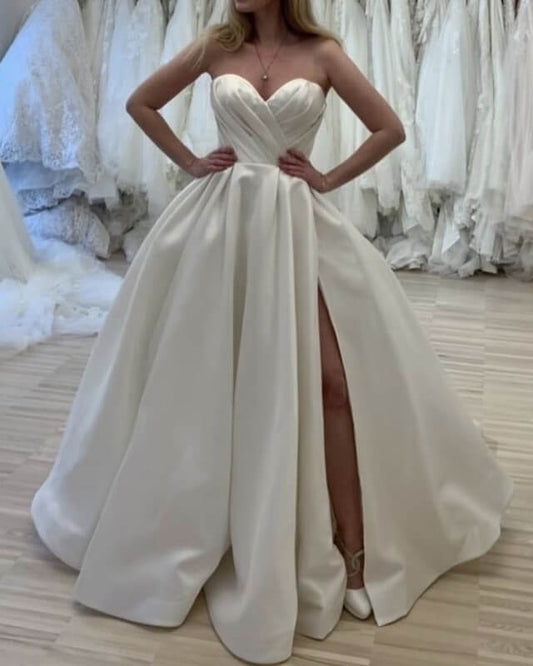 Ruched Sweetheart Wedding Dress Satin Split