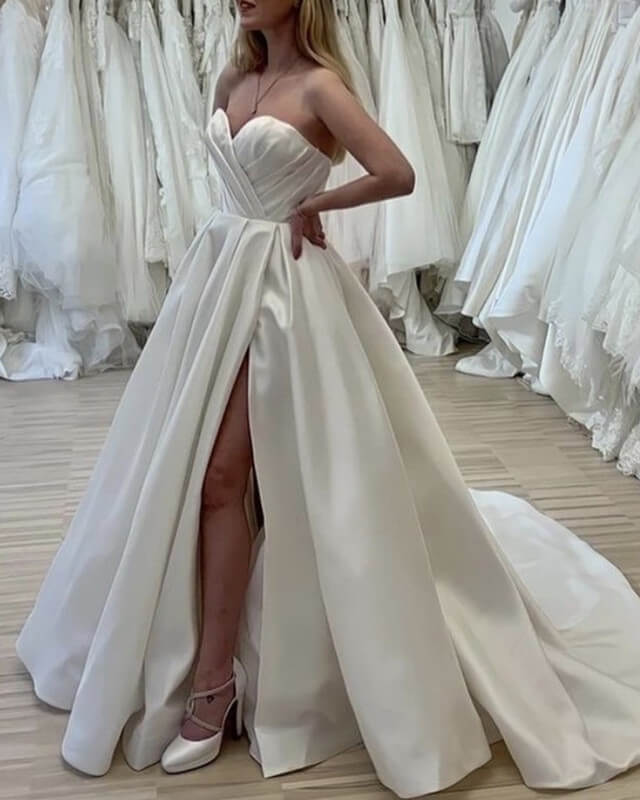 Ruched Sweetheart Wedding Dress Satin Split