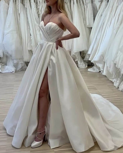 Ruched Sweetheart Wedding Dress Satin Split