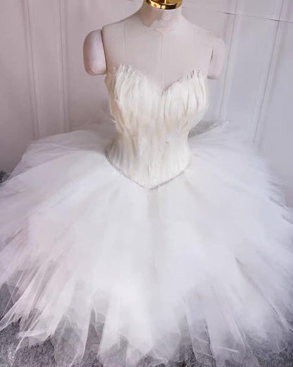 Short White Feather Strapless Ruffles Dress