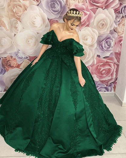 Ruffles Shoulder Ball Gown Dresses Lace Embroidery