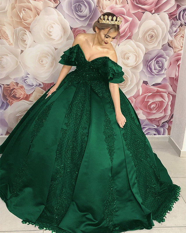Ruffles Shoulder Ball Gown Dresses Lace Embroidery