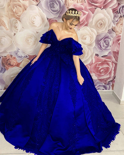 Ruffles Shoulder Ball Gown Dresses Lace Embroidery