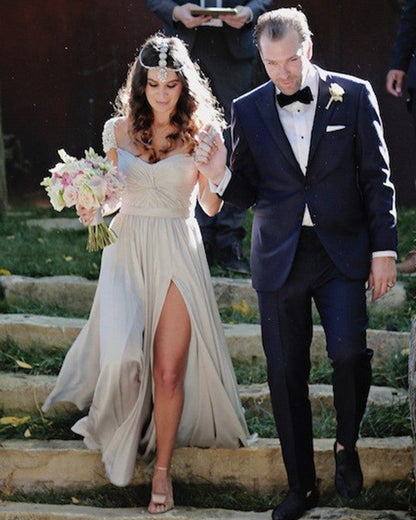Pearl Beaded Cap Sleeves Wedding Dress Chiffon Split