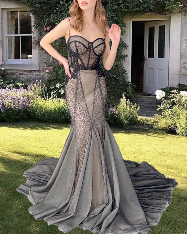 Mermaid Black And Nude Wedding Dress