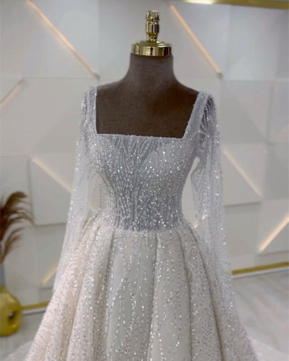 Sparkly Square Neck Long Sleeve Wedding Dress