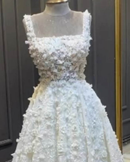 A-line Square Neck Satin Wedding Dress With 3D Flwoers