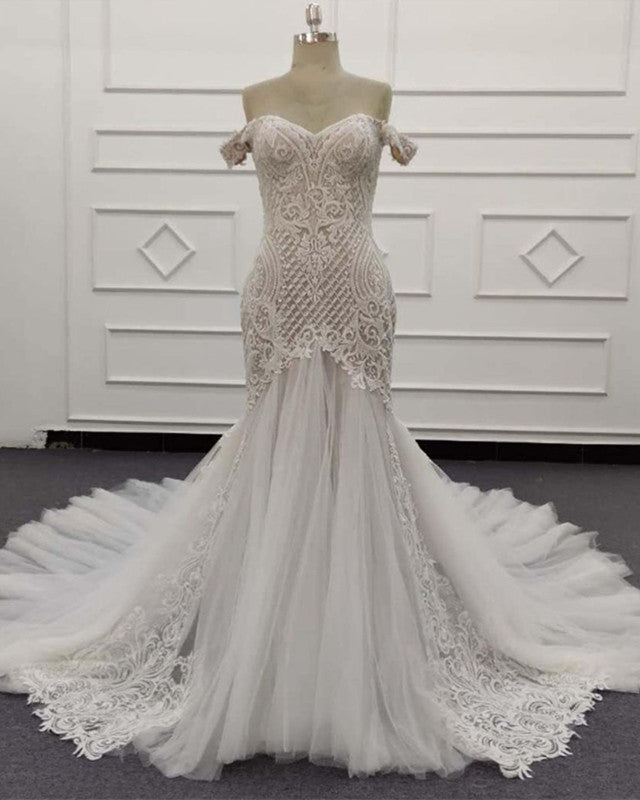 Mermaid Ivory Lace Embroidery Tulle Wedding Dress