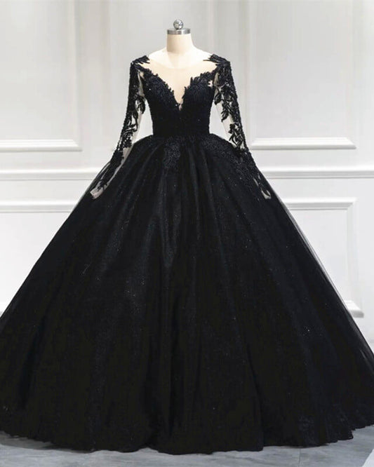 Black Tulle Sheer Neck Appliques Ball Gown Dress