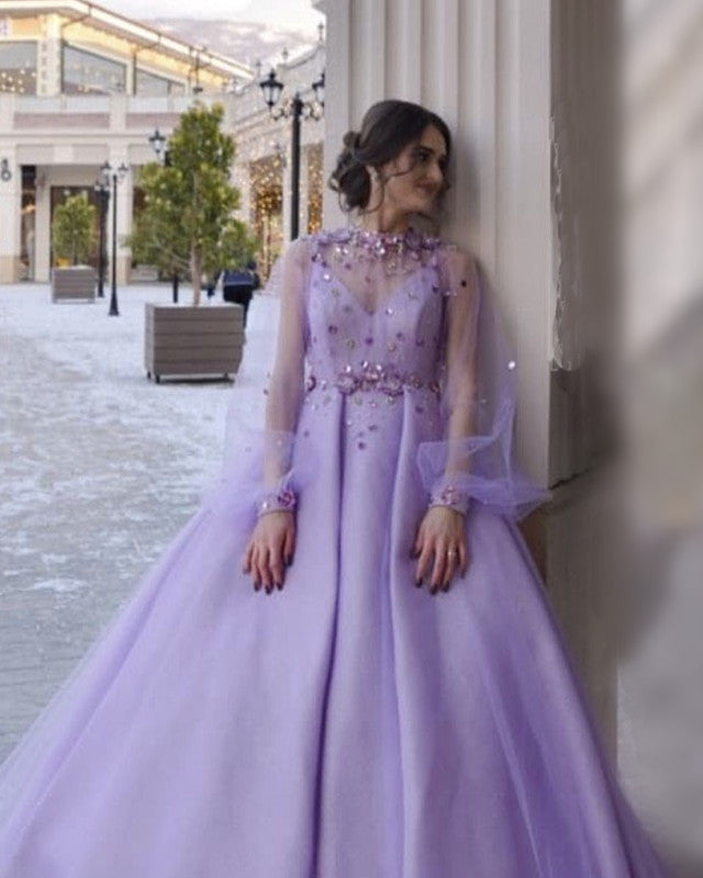 Lavender Tulle Ball Gown Dresses With Embroidery Beaded