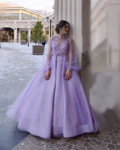 Lavender Tulle Ball Gown Dresses With Embroidery Beaded