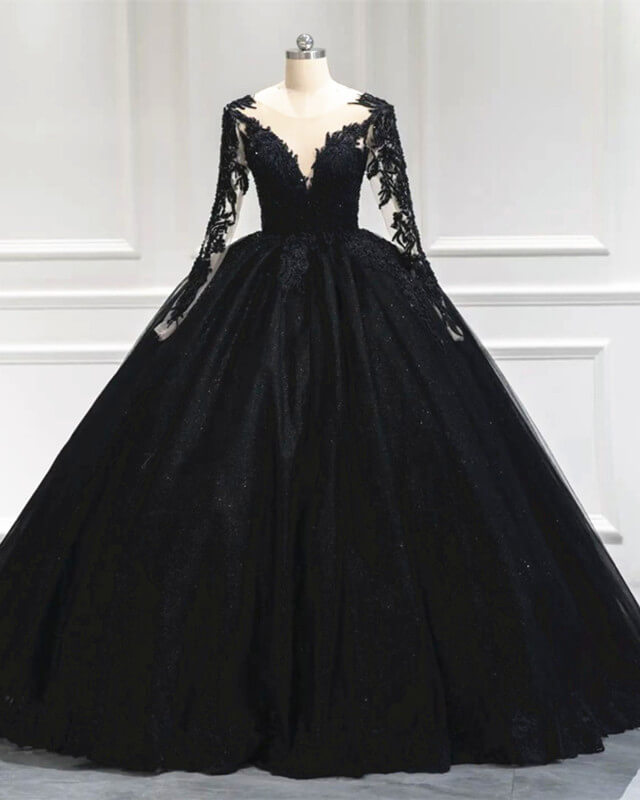 Black Tulle Sheer Neck Appliques Ball Gown Dress
