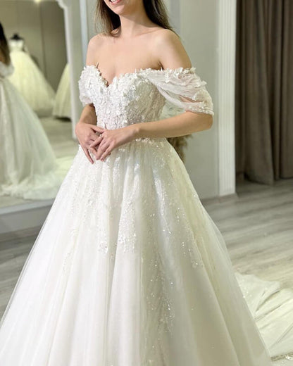 Tulle Off Shoulder 3d Lace Appliques Wedding Dress
